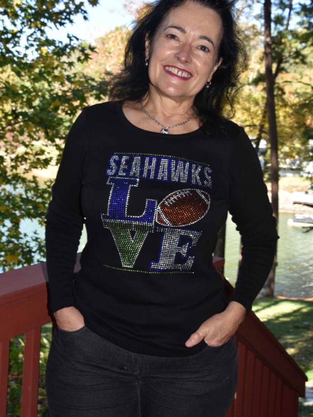 Seahawks Football LOVE rhinestone long slv shirt XS  S M L XL XXL 1X 2X 3X 4X 5X